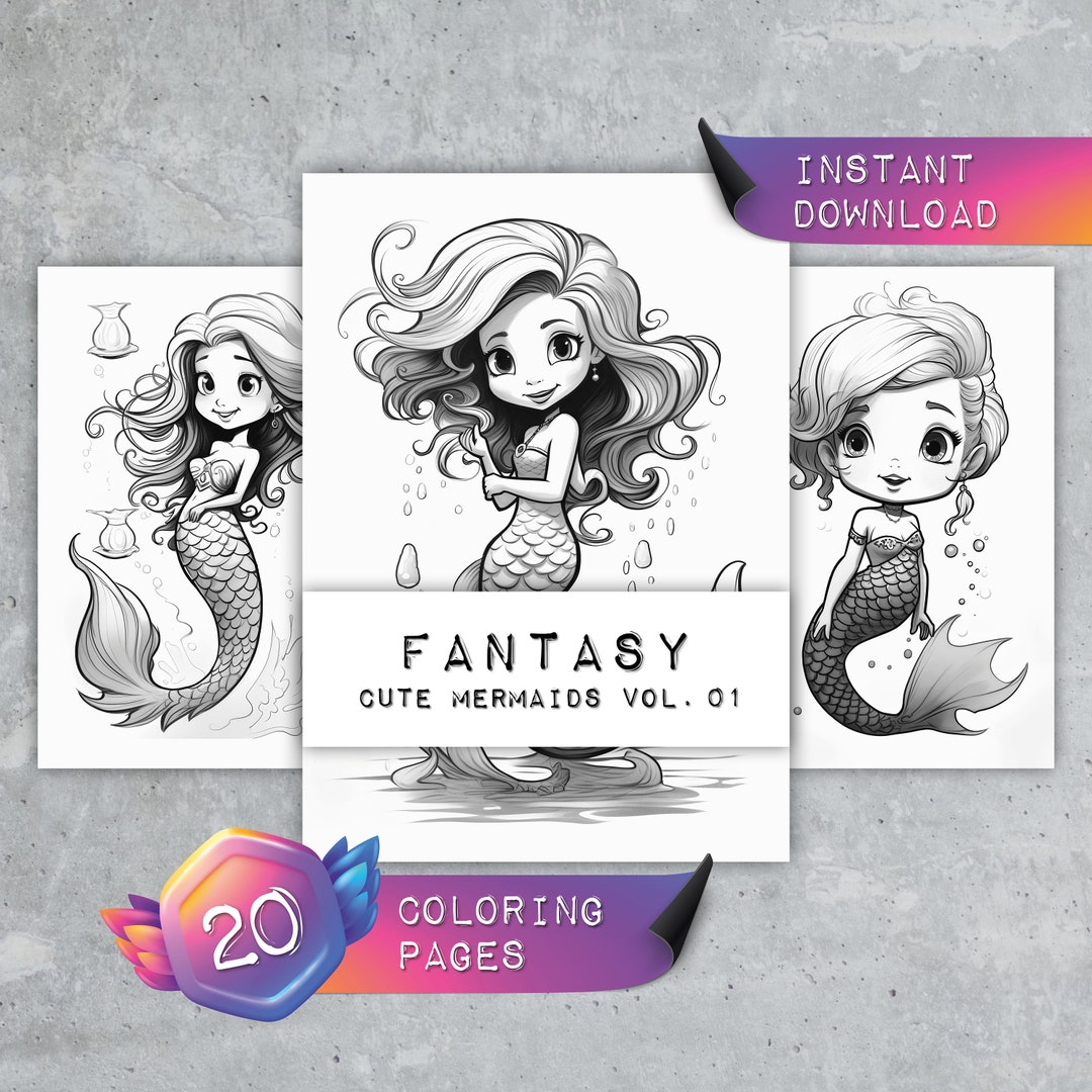 Cute Mermaid Coloring Pages Vol. 01 | 20 Fantasy Greyscale Designs for ...