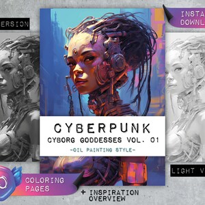 Coloring Pages &quot;Cyberpunk Cyborg Goddesses Vol. 01&quot; | Woman in oil painting style | Greyscale | Coloring Book Adults | Instant Download PDF