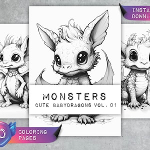 Coloring Pages &quot;Monsters - Cute Babydragons Vol. 01&quot; | Baby Dragon | Coloring Book Adults Kids | Greyscale | Download PDF