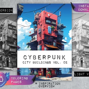 Cyberpunk City Buildings Vol. 02 Coloring Pages | Houses & Architecture Town | Greyscale | Coloring Book Adults | Digital Download PDF