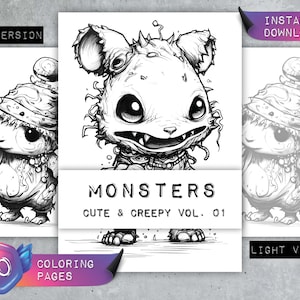 Könnte beinhalten: Eine Schwarzweißillustration eines niedlichen und gruseligen Monsters mit einem zahnigen Grinsen. Das Monster hat große Ohren, einen stacheligen Kopf und eine Halskette. Der Text "MONSTERS CUTE & CREEPY VOL. 01" befindet sich unter dem Monster.