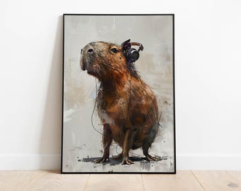 Funny Capybara Poster Download | Digital Animal Art in Oil Style | Chill Wall Art for Living Room or Office | Gift for Animal Lovers