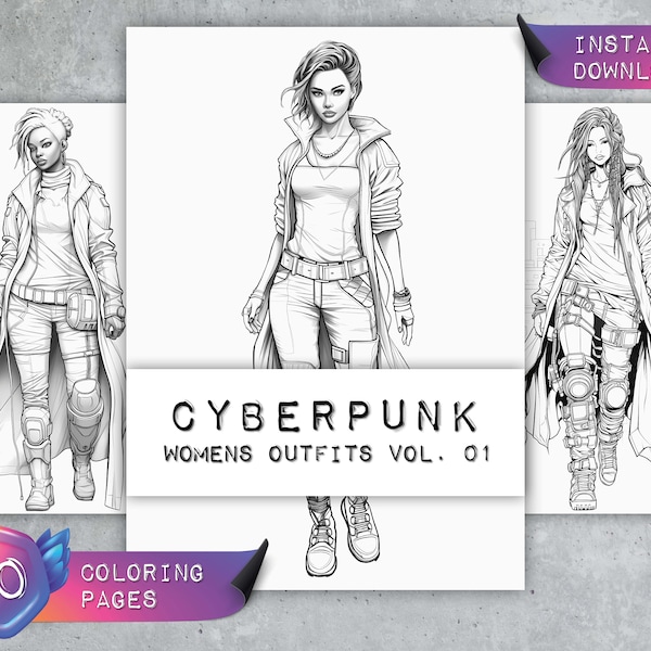 Coloring Pages "Cyberpunk - Womens Outfits Vol. 01" | Woman Clothes Fashion | Black White | Coloring Book Adults | Instant Download PDF