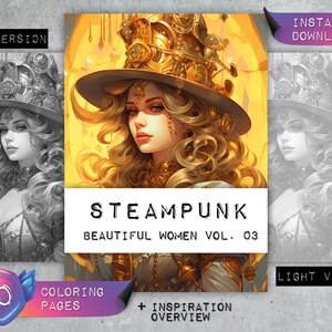 Coloring Pages &quot;Steampunk Beautiful Women Vol. 03&quot; | Greyscale | Coloring Book Adults | Relaxation & Stress Relief | Instant Download PDF
