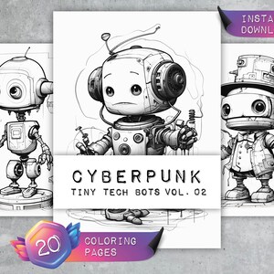 Coloring Pages "Cyberpunk - Tiny Tech Bots Vol. 02" | Cute Robots | Coloring Book Adults Kids | Greyscale | Download PDF