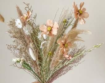Large 18" Natural Dried and Silk flowers Mix Pink Green Bouquet, Long lasting arrangement, wedding boho bouquet