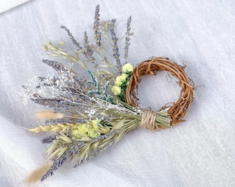 Statice and Lavender Wooden Wreath , Natural Mini Wreath, Tiny door wreath, Gift wrapping decor wreath, Table decor mini wreath