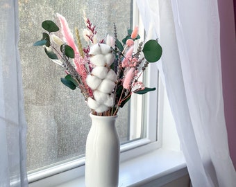 Cotton Pink Natural Preserved flowers arrangement, Pink  Green Bunny tails eucalyptus bouquet, Green blue centerpiece