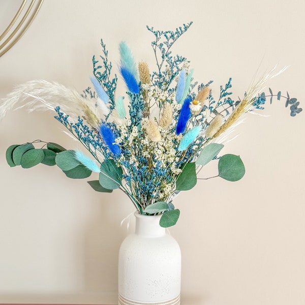 Blue Natural Preserved flowers arrangement, Blue Green Bunny tails eucalyptus bouquet, Green blue centerpiece