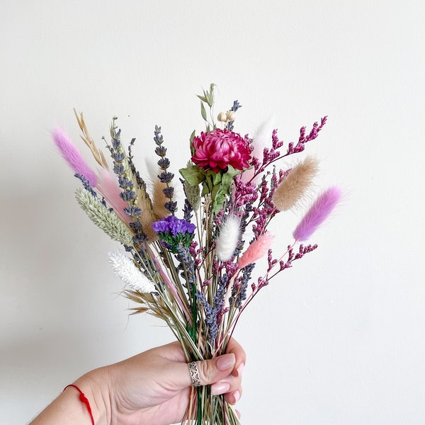 Natural Purple dried flowers small bouquet arrangement, mix of preserved flowers