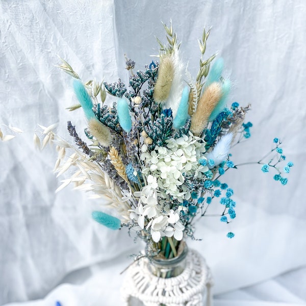 Kustdecoratie Natuurlijke gedroogde bloemen, blauwgroen arrangement, blauwturkoois middelpunt, decor Ocean vibes