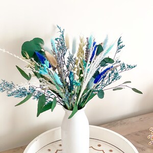 Natural Preserved flowers arrangement, Blue Green Bunny tails eucalyptus bouquet, Green blue centerpiece image 4