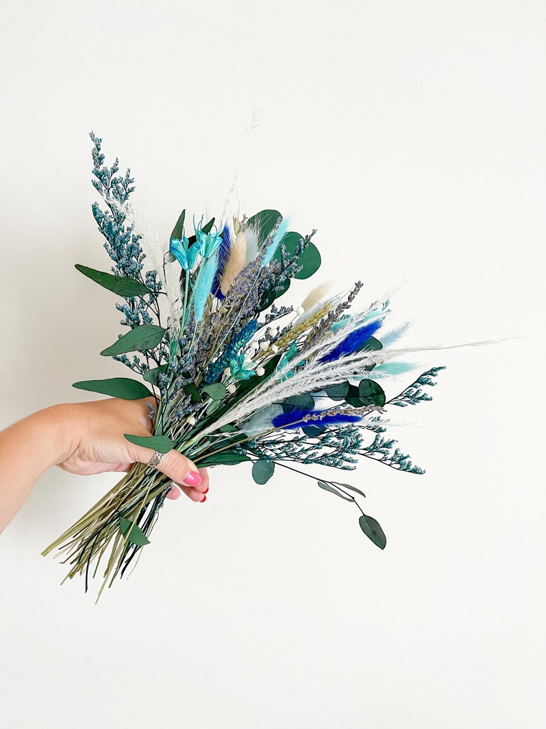 Natural Preserved flowers arrangement, Blue Green Bunny tails eucalyptus bouquet, Green blue centerpiece image 3