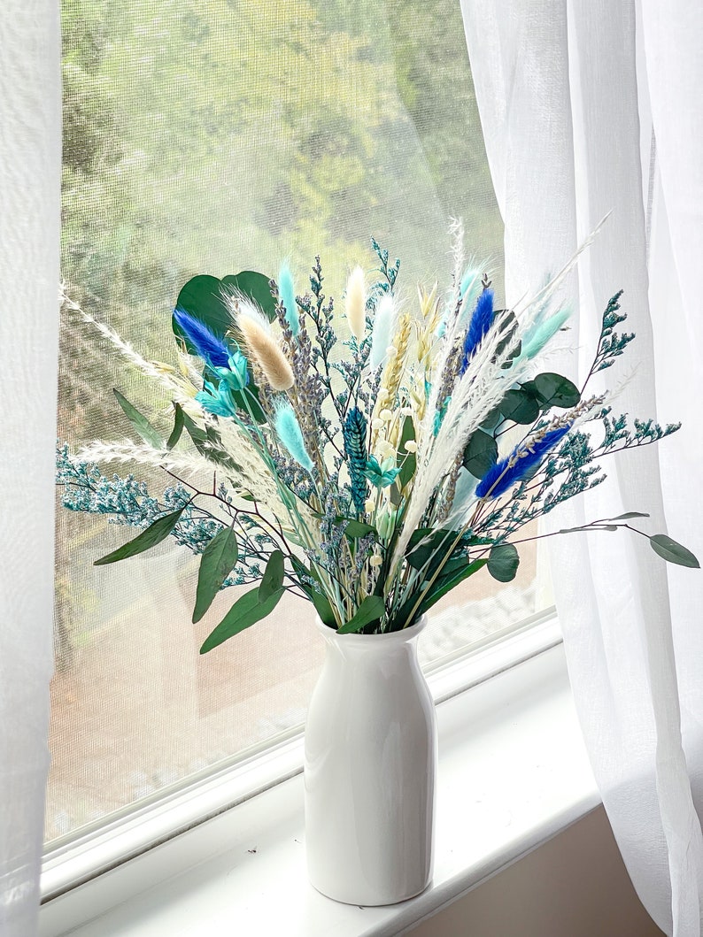 Natural Preserved flowers arrangement, Blue Green Bunny tails eucalyptus bouquet, Green blue centerpiece image 1