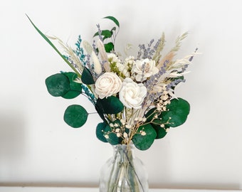 Lavender Scented Sola Wood Flowers in mix with Dried flowers, Natural  flowers arrangement,  eucalyptus bouquet, Green white centerpiece