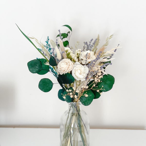 Lavender Scented Sola Wood Flowers in mix with Dried flowers, Natural  flowers arrangement,  eucalyptus bouquet, Green white centerpiece