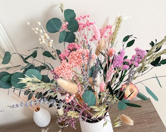 Ramo de flores secas y conservadas naturales grandes de 18.0 in, mezcla de ramo verde rosa, arreglo de larga duración.