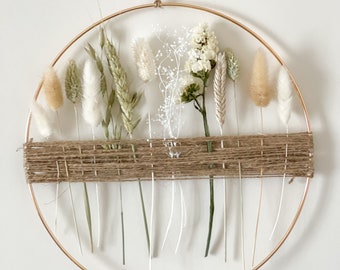 Neutral Natural 10"Boho gold dried flowers hoop,  Minimalist wall decor