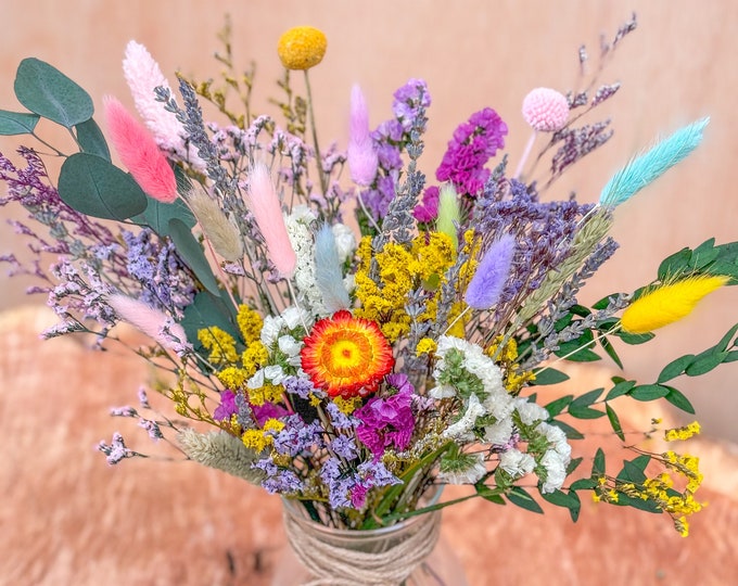 Nieuw multi-elegant lenteboeket met gedroogde bloemen, kleurrijk langdurig bloemenarrangement, geurend bloemenboeket