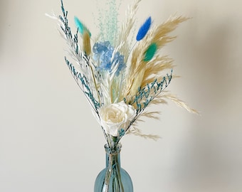 Coastal blue Pampas Preserved Rose Natural Centerpiece, bouquet for bud vase, Rose Bouquet Arrangement, Everlasting arrangement