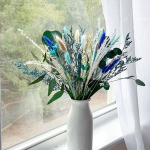 Natural Preserved flowers arrangement, Blue Green Bunny tails eucalyptus bouquet, Green blue centerpiece image 5