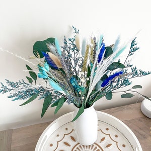 Natural Preserved flowers arrangement, Blue Green Bunny tails eucalyptus bouquet, Green blue centerpiece image 2