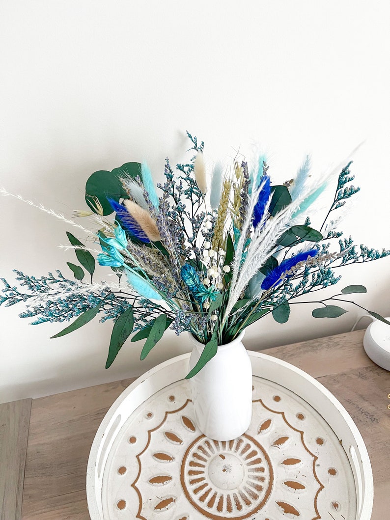 Natural Preserved flowers arrangement, Blue Green Bunny tails eucalyptus bouquet, Green blue centerpiece image 2