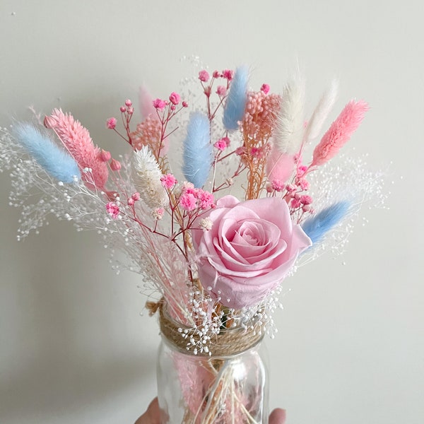 Petite bouquet for a mason jar, Elegant mix of Pink Blue Preserved Flowers Bouquet Arrangement, Everlasting bouquet, preserved flowers