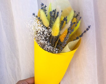 Bright yellow Dried Flowers "Thank you" rustic bouquet, Mother's Day bouquet, Ready to ship, lavender lovers flowers, Long Lasting Natural