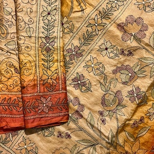 Vintage Indian Pure Silk Kantha Handmade Embroidered Bengal Saree Wedding Wear Party Wear Sari