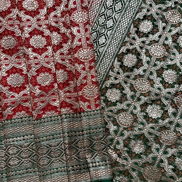 Indian Vintage Pink & Green Heavy Wedding Saree Pure Satin Silk Hand Embroidered Banarsi Brocade Sari Zari/Zardozi/Dabka 5Yd Dressmaking main image 0