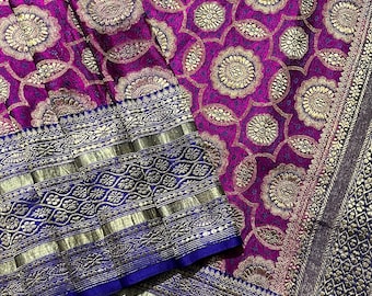 Antique Banarasi Brocade Sari, Gold & Silver Floral Fabric