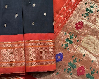 Vintage Handloom seda Paithani Saree, bordado indio