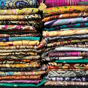 Vintage Printed Silk Sari Bundle, Craft Fabric Lot