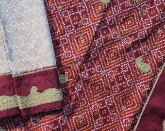 Vintage Rajkoti Ikat Patola Saree With Salma Embroidery, Hand Woven Pure Silk Sari