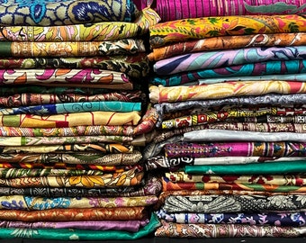 Huge Lot 100% Pure Silk Vintage Sari Fabric remnants scrap Bundle Quilting Journal Project By Weight or Quantity Saree Square Cut Silk Scrap