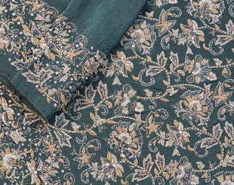 Vintage Zardozi Embroidered Silk Saree, Black Floral Indian Sari, Party Wedding Wear