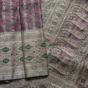 Vintage Heavy Wedding Saree Satin Silk Woven Banarasi Brocade Indian Sari Fabric Silver Zari