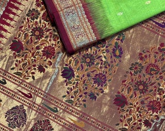 Vintage tejido a mano seda Paithani Saree, plata Zari boda Sari