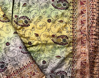Vintage Indian Kantha Dupatta Long Stole Hand Embroidery Sarong Wrap Traditional Ethnic