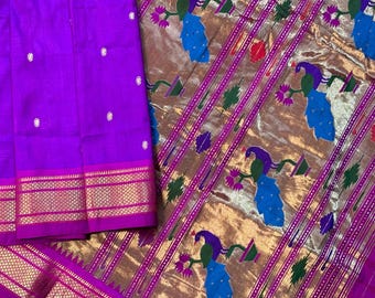 Vintage tejido a mano seda Paithani Saree, plata Zari boda Sari
