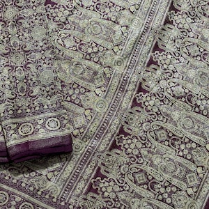 Vintage Heavy Wedding Saree Satin Silk Woven Banarasi Brocade Indian Sari Fabric Silver Zari