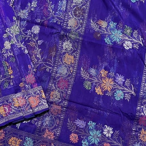 FREE EXPEDITED SHIPPING Antique Vintage Heavy Purple Saree Pure Satin Silk Hand Embroidered Brocade Indian Sari Zari 5 Yard