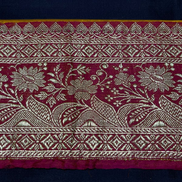 Indian Vintage Sari Border Woven Banarasi Brocade Trim Craft Sewing Recycled Sari Border Golden Zari Pure Silk Home Decor Crafting