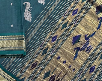 Vintage pura seda Paithani Saree, bordado en telar manual, Sari de boda