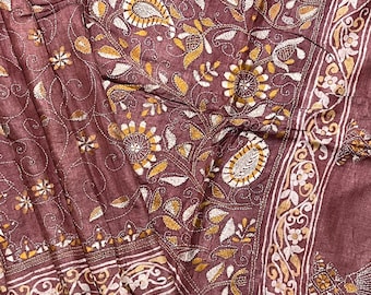 Vintage Hand Embroidered Silk Kantha Scarf, Indian Sarong Wrap