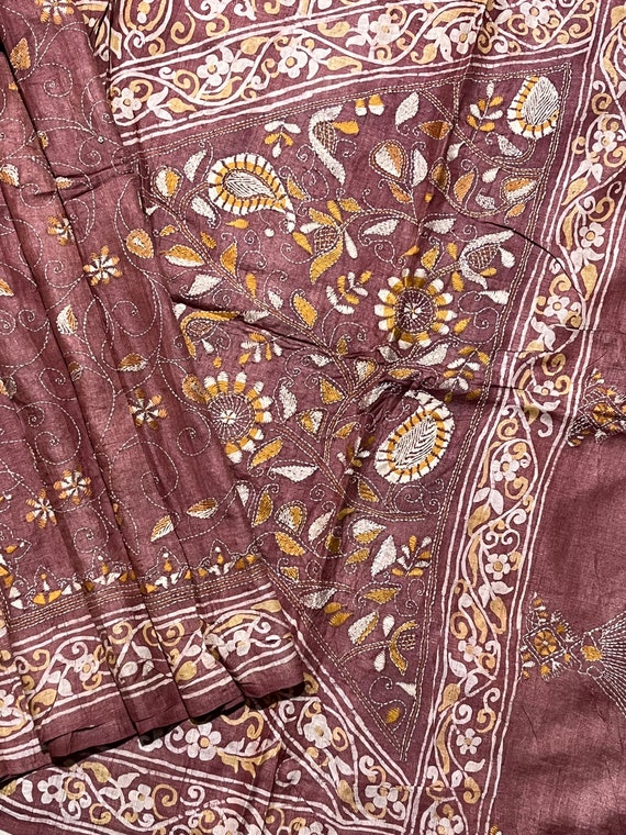 Vintage Hand Embroidered Silk Kantha Scarf, Indian Sarong Wrap