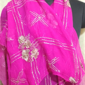 Vintage Embroidered Chiffon Dupatta: Indian Sarong, Ethnic Scarf