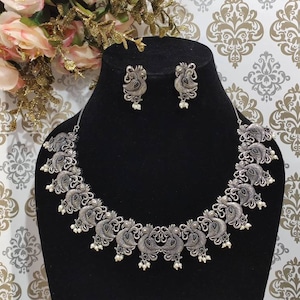 Oxidized Jewelry Set Choker Set German Silver Ethnic Jewelry Set Wedding Jewellery Earrings Oxidized Set