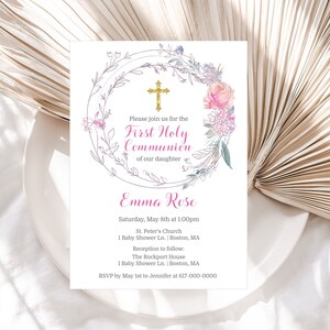 First Holy Communion Invitation Girl, Spring Floral 1st Communion Invitation, Instant Download Printable Editable